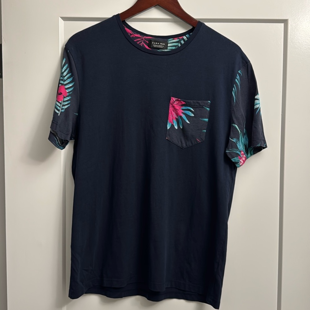 Zara Navy T-Shirt with Floral Accents